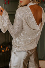 Load image into Gallery viewer, Jet Stream Sequin Mock Neck Drape Open Back Bell Sleeve Top