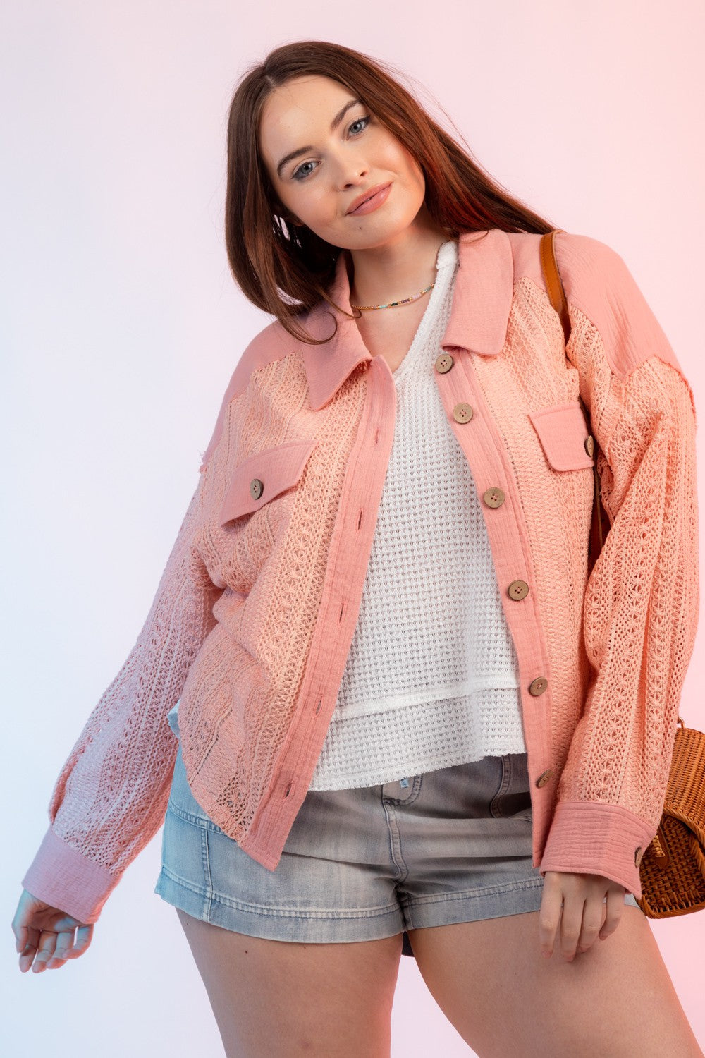 AH CURVY Long Sleeve Crochet Button Down Shacket