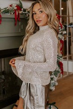 Load image into Gallery viewer, Jet Stream Sequin Mock Neck Drape Open Back Bell Sleeve Top