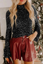 Load image into Gallery viewer, Black Sequin Mock Neck Drape Open Back Bell Sleeve Top