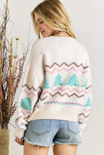 Load image into Gallery viewer, White Striped Christmas Tree Ribbed Trim Drop Shoulder Sweater