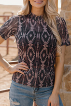 Load image into Gallery viewer, Brown Aztec Print Mock Neck Short Sleeve Mesh T Shirt