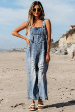 Load image into Gallery viewer, Stone Blue Distressed Bib Pocket Wide Leg Denim Overall