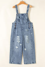Load image into Gallery viewer, Stone Blue Distressed Bib Pocket Wide Leg Denim Overall