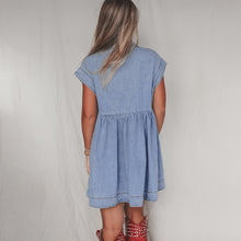 Load image into Gallery viewer, Beau Blue Lapel Neck Cap Sleeve High Waist Denim Babydoll Dress