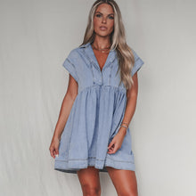 Load image into Gallery viewer, Beau Blue Lapel Neck Cap Sleeve High Waist Denim Babydoll Dress