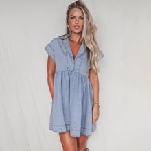 Load image into Gallery viewer, Beau Blue Lapel Neck Cap Sleeve High Waist Denim Babydoll Dress
