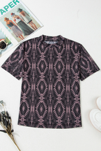Load image into Gallery viewer, Brown Aztec Print Mock Neck Short Sleeve Mesh T Shirt