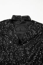 Load image into Gallery viewer, Black Sequin Mock Neck Drape Open Back Bell Sleeve Top
