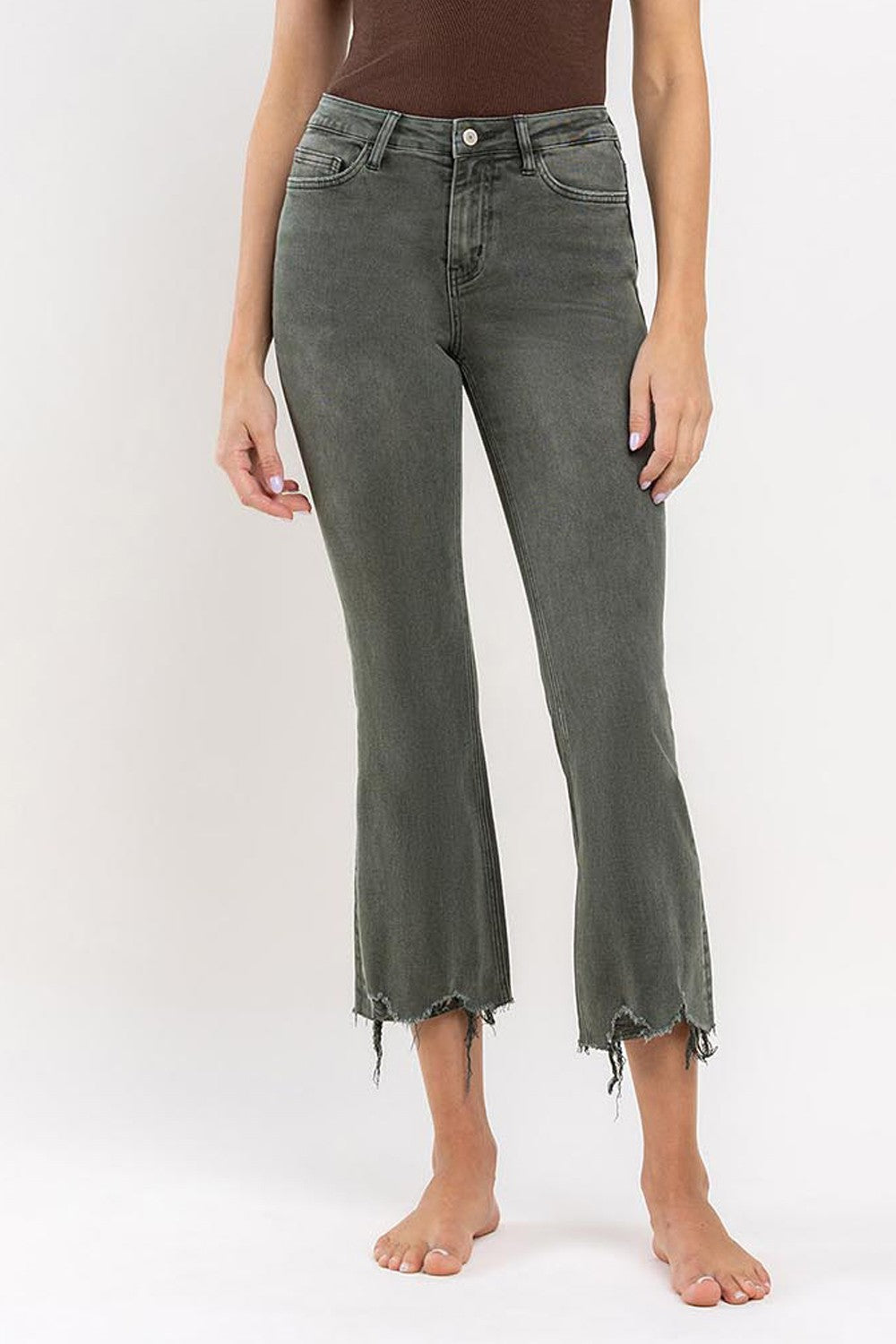 VERVET PLUS SIZE HIGH RISE DISTRESSED HEM CROP FLARE JEAN olive green