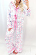 Load image into Gallery viewer, Pink Bow Wreath Pattern Christmas Holiday Tied Front Long Sleeve 2pcs Pajama Set
