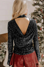 Load image into Gallery viewer, Black Sequin Mock Neck Drape Open Back Bell Sleeve Top
