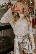 Load image into Gallery viewer, Jet Stream  Sequin Mock Neck Drape Open Back Bell Sleeve Top
