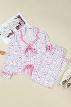 Load image into Gallery viewer, Pink Bow Wreath Pattern Christmas Holiday Tied Front Long Sleeve 2pcs Pajama Set
