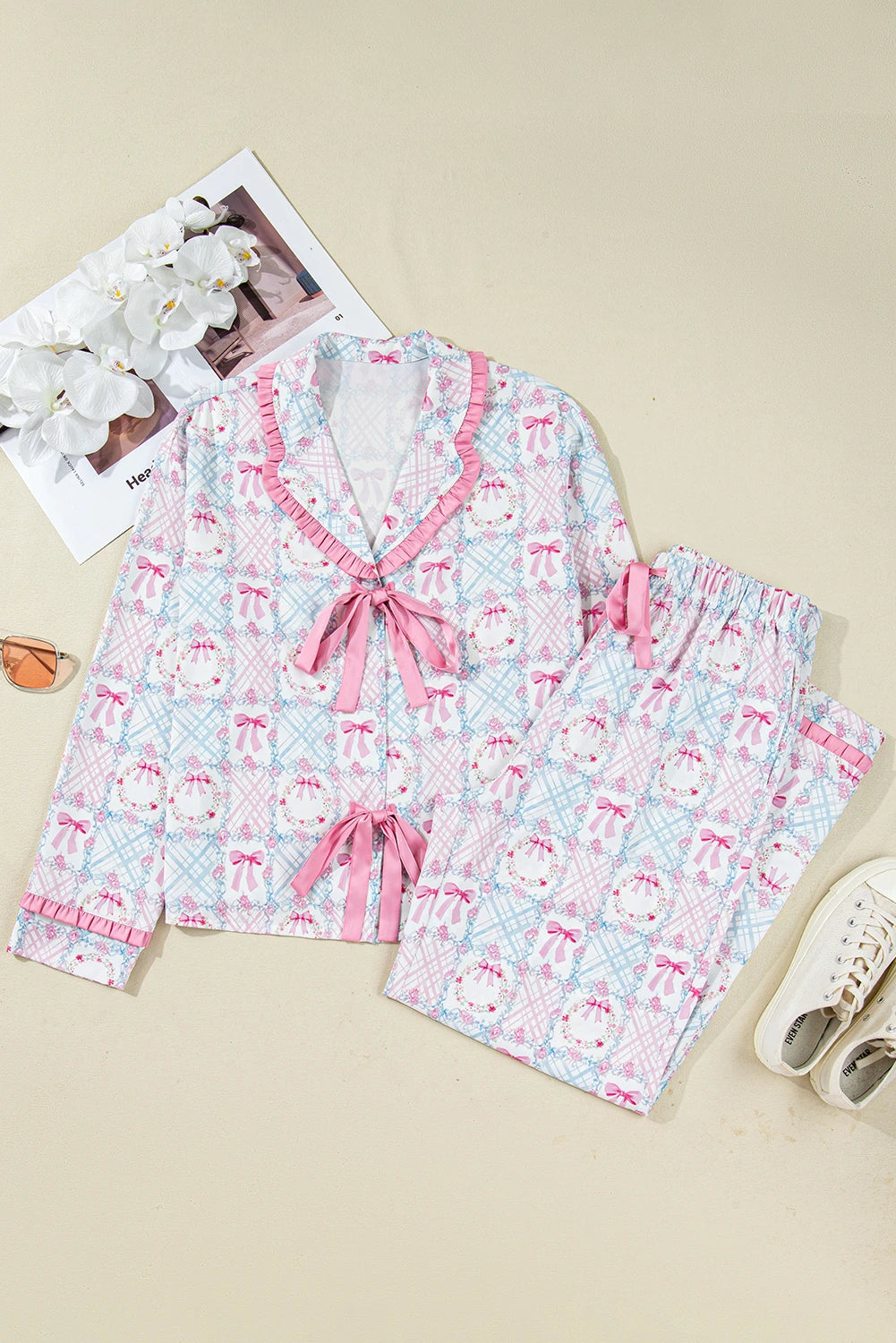 Pink Bow Wreath Pattern Christmas Holiday Tied Front Long Sleeve 2pcs Pajama Set