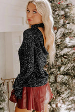 Load image into Gallery viewer, Black Sequin Mock Neck Drape Open Back Bell Sleeve Top
