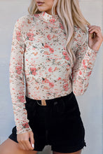 Load image into Gallery viewer, Pink Floral Long Sleeve High Neck Sheath Mesh Top
