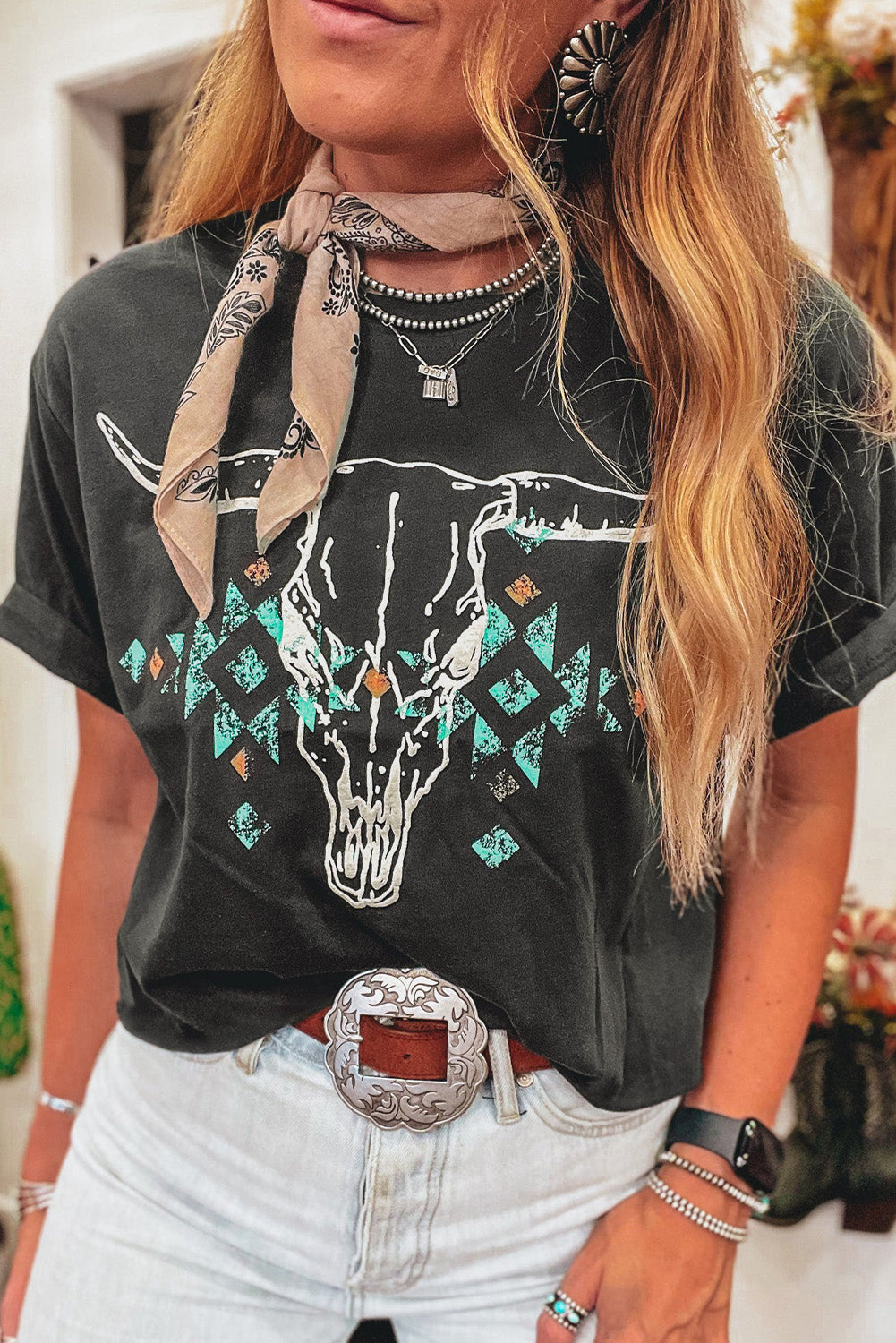 Western Bull Head Skull Turquoise Aztec Graphic T Shirt