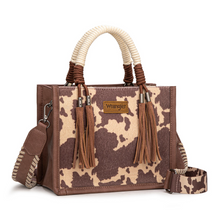 Load image into Gallery viewer, Wrangler Cow Print Tote/Crossbody lt coffee
