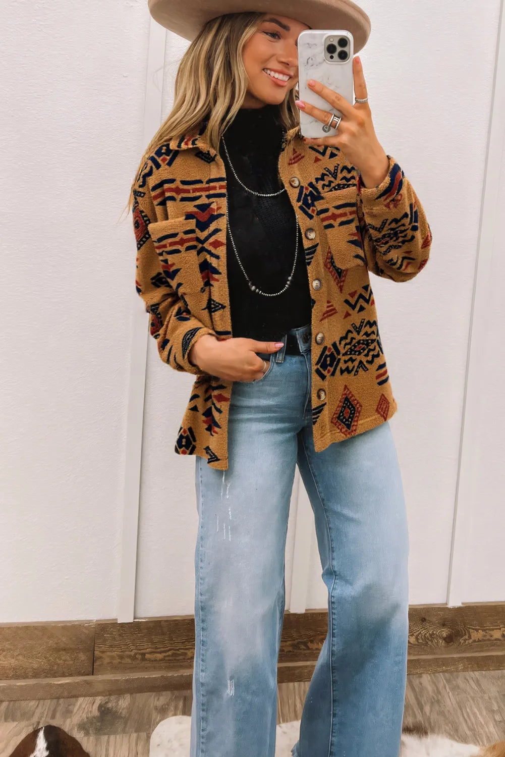 Khaki Western Aztec Pattern Fleece Shacket