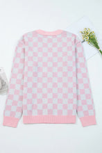 Load image into Gallery viewer, Pink Checkered Christmas Tree Pattern Button V Neck Cardigan Sweater
