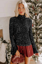 Load image into Gallery viewer, Black Sequin Mock Neck Drape Open Back Bell Sleeve Top

