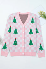 Load image into Gallery viewer, Pink Checkered Christmas Tree Pattern Button V Neck Cardigan Sweater
