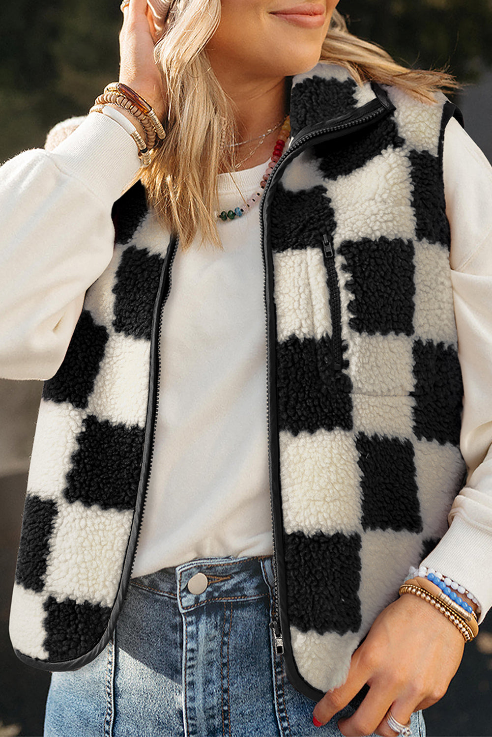Black  Checkered Sherpa Collared Jacket Vest