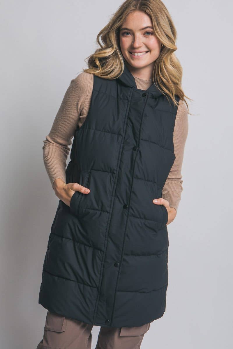 Hooded Long Quilted Puffer Vest
