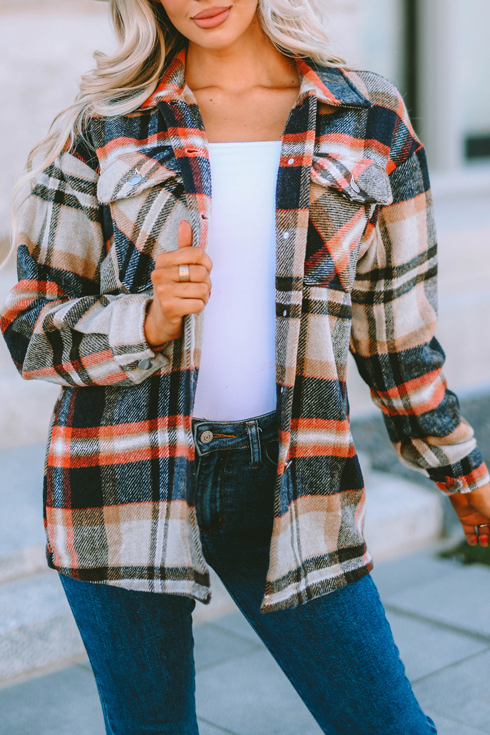 Khaki Geometric Plaid Print Pocketed Shacket pink plaid corduro shacke