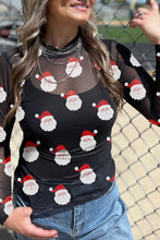 Load image into Gallery viewer, Santa Print Sheer Mesh Mock Neck Slim Fit Long Sleeve Top
