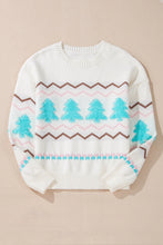 Load image into Gallery viewer, White Striped Christmas Tree Ribbed Trim Drop Shoulder Sweater
