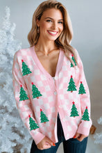 Load image into Gallery viewer, Pink Checkered Christmas Tree Pattern Button V Neck Cardigan Sweater
